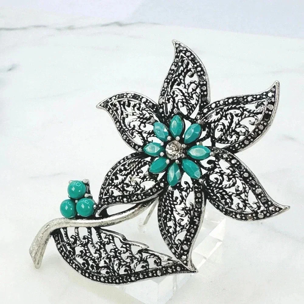 Big 3.25” Flower Brooch Pin Filigree Faux Turquoise Rhinestone Marcasite